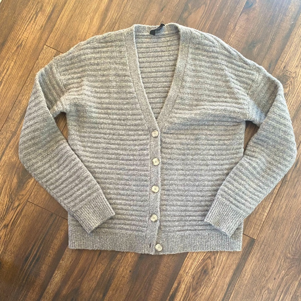 Gray Ribbed V-Neck Button Cardigan Sweater - Women